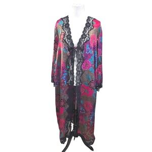 Jaclyn Smith Sleepwear Womens 1X Floral Satin Robe Lace Trim Maxi Robe